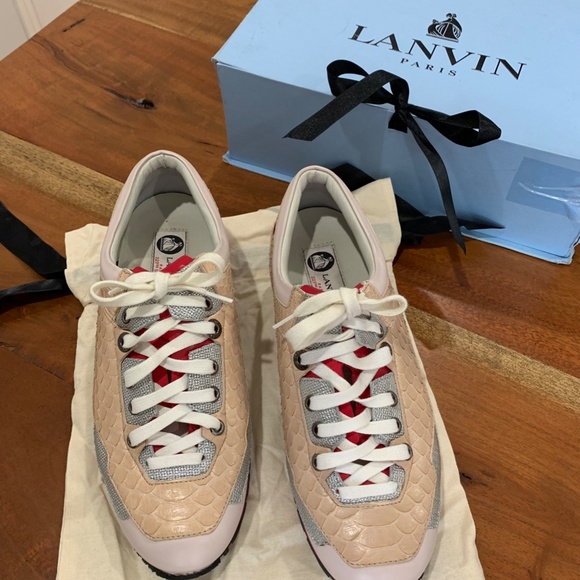Lanvin Sneakers pink red silver python exotic lambskin lace up 39 us 9 Rose NWT - Picture 3 of 16
